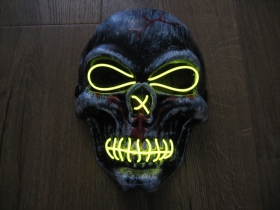 Smrtka - lebka-Svietiaca plastová maska, na zadnej časti gumička na uchytenie, prepínací režim na blikanie, alebo stále svietenie (tužkové batérie niesú súčasťou balenia) krikľavožlté svetlo